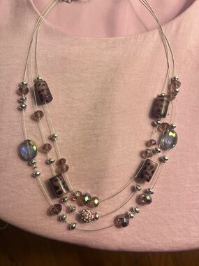 Three-Strand Pink Bead & Crystal Statement Necklace